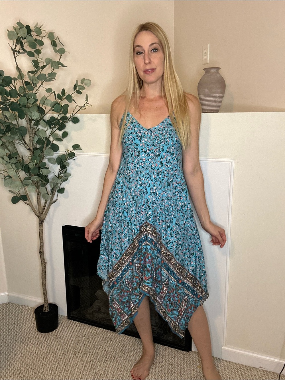 New Amazon Blue Floral Handkerchief Hem Midi Dress